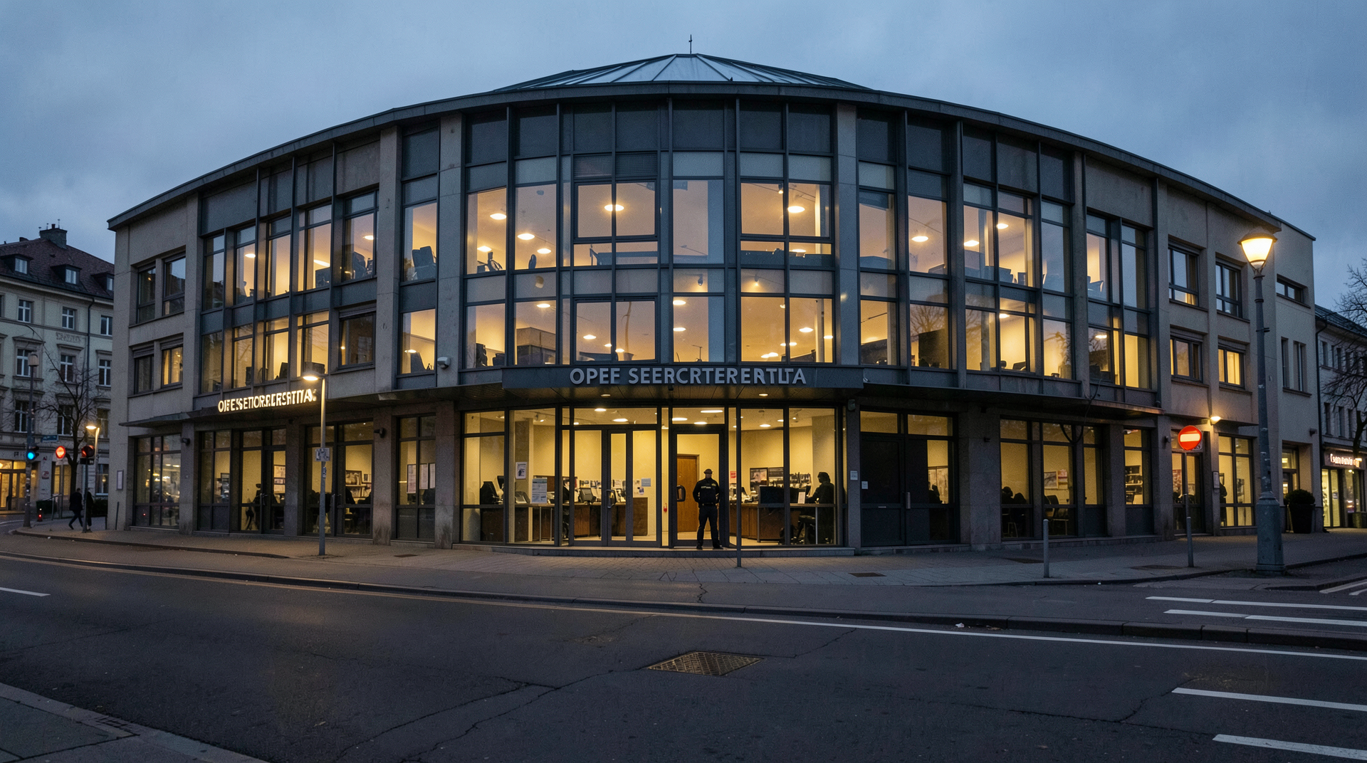 The OPEC secretariat building in Vienna at dusk, lights on but the press room dark and unattended.