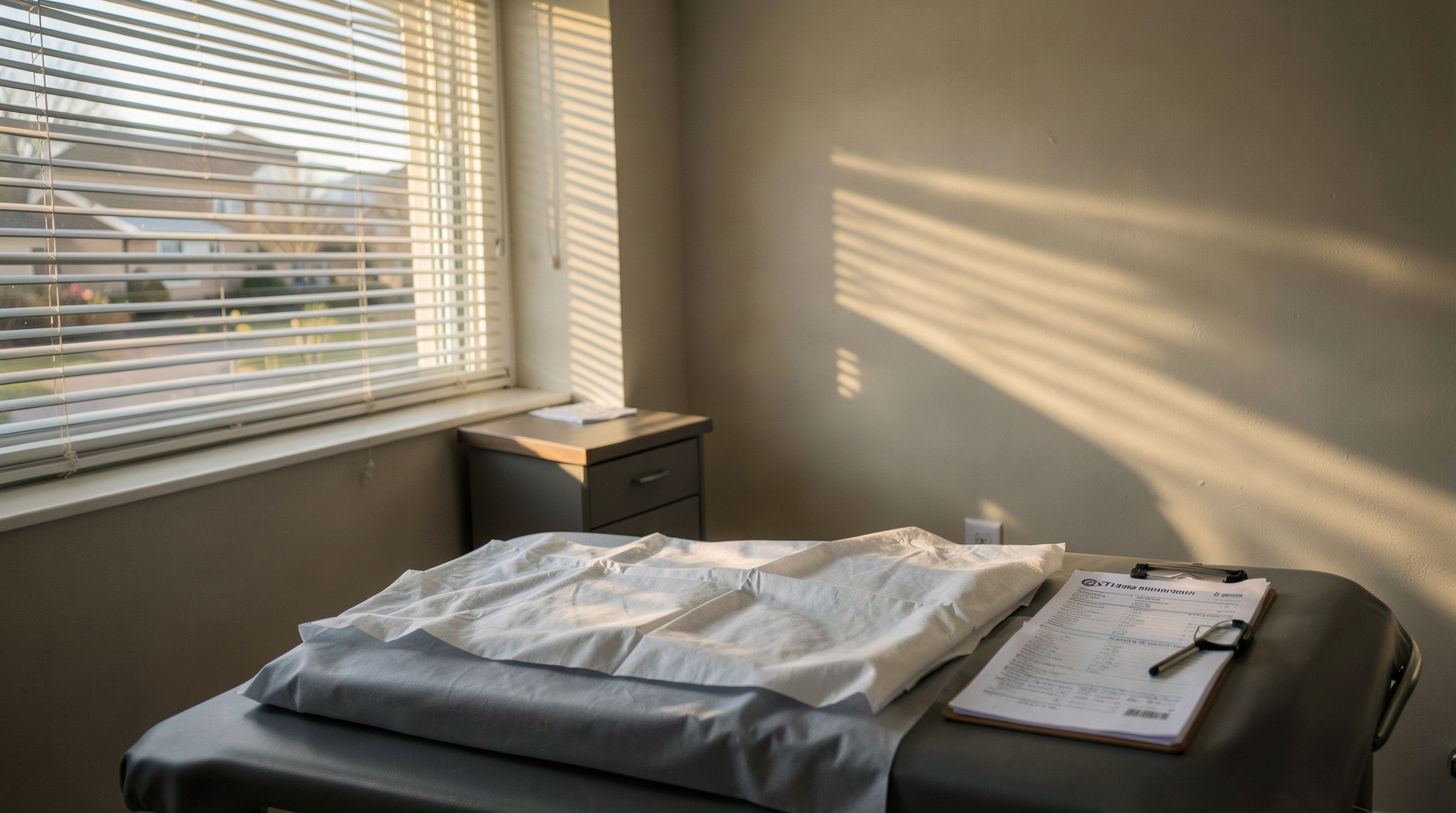 A women's health clinic exam room with a paper gown on the table and a Title X intake form on a clipboard.