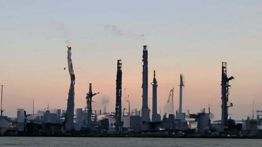 Refinery towers at dusk over a Chinese port, with cargo cranes in background