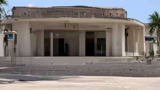 Florida courthouse exterior at midday with palm trees and an empty press riser visible by the steps.