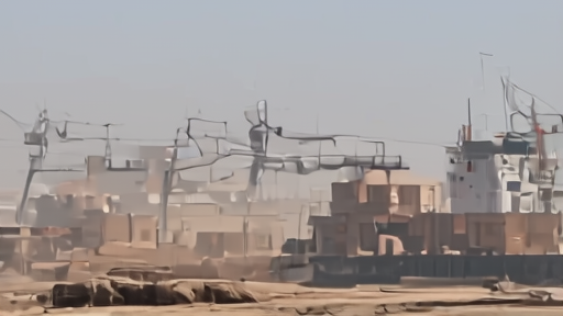 Bulk-cargo vessel at a Mediterranean grain terminal, conveyors visible against a hazy port skyline.
