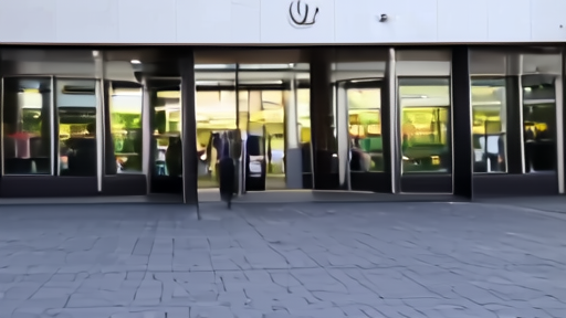 Voice of America's Washington headquarters exterior with the agency's seal visible above the entrance and a few staff returning through the doors.