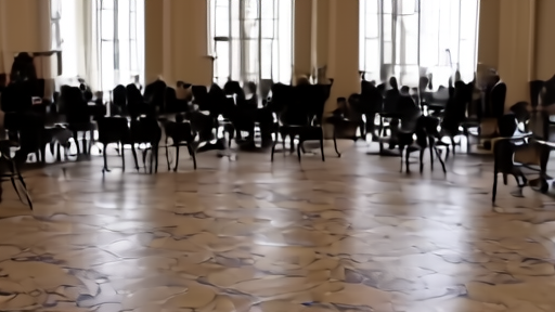 Empty Washington Hilton ballroom the morning after the WHCA dinner with a few staff stacking chairs and a press lectern still on stage.