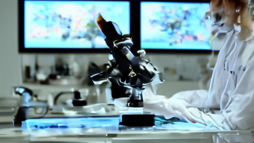 A laboratory technician in nitrile gloves operating a high-magnification microscope with a microfluidic chip on the stage