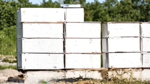 A flatbed semi tipped onto its side on a highway off-ramp with stacked white wooden bee boxes scattered around it and a haze of bees in the air