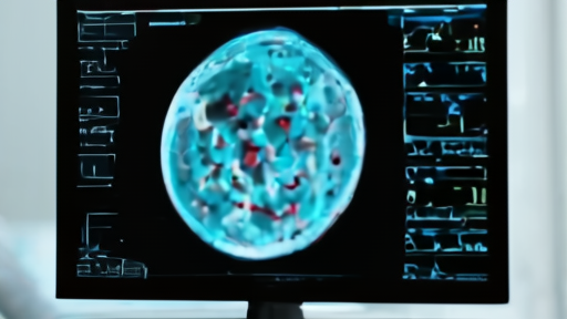 Researcher viewing a SPECT-CT image on a clinical workstation with the highlighted scan area visible on screen.