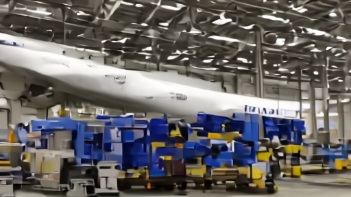 Split frame industrial scene with a Boeing fuselage on a Charleston line on one side and a UPS package handler at a sorting bay on the other.