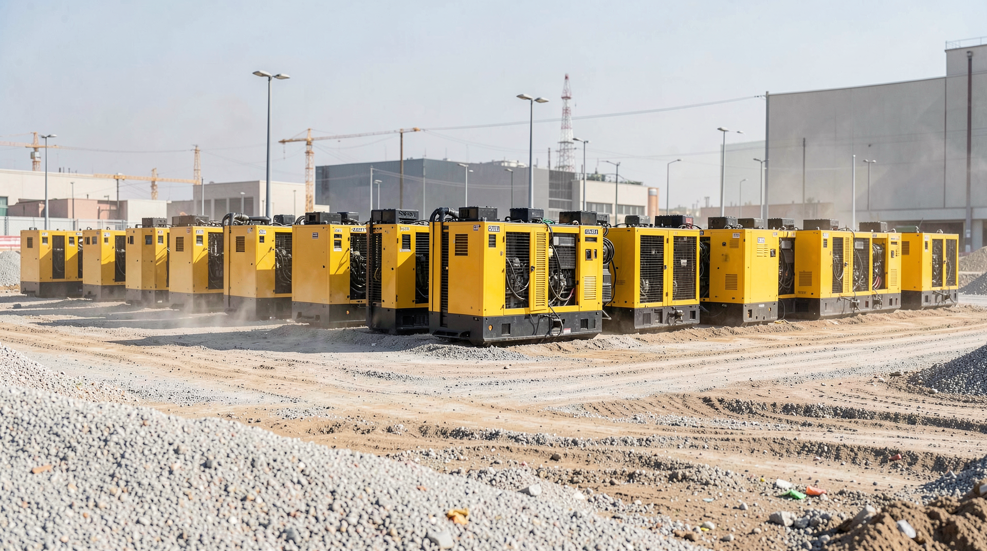 A row of yellow Caterpillar diesel generator units staged at a data-center construction site under flat industrial light.