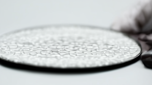 A wafer-scale silicon chip held under cleanroom lighting, photographed from above with shallow depth of field.