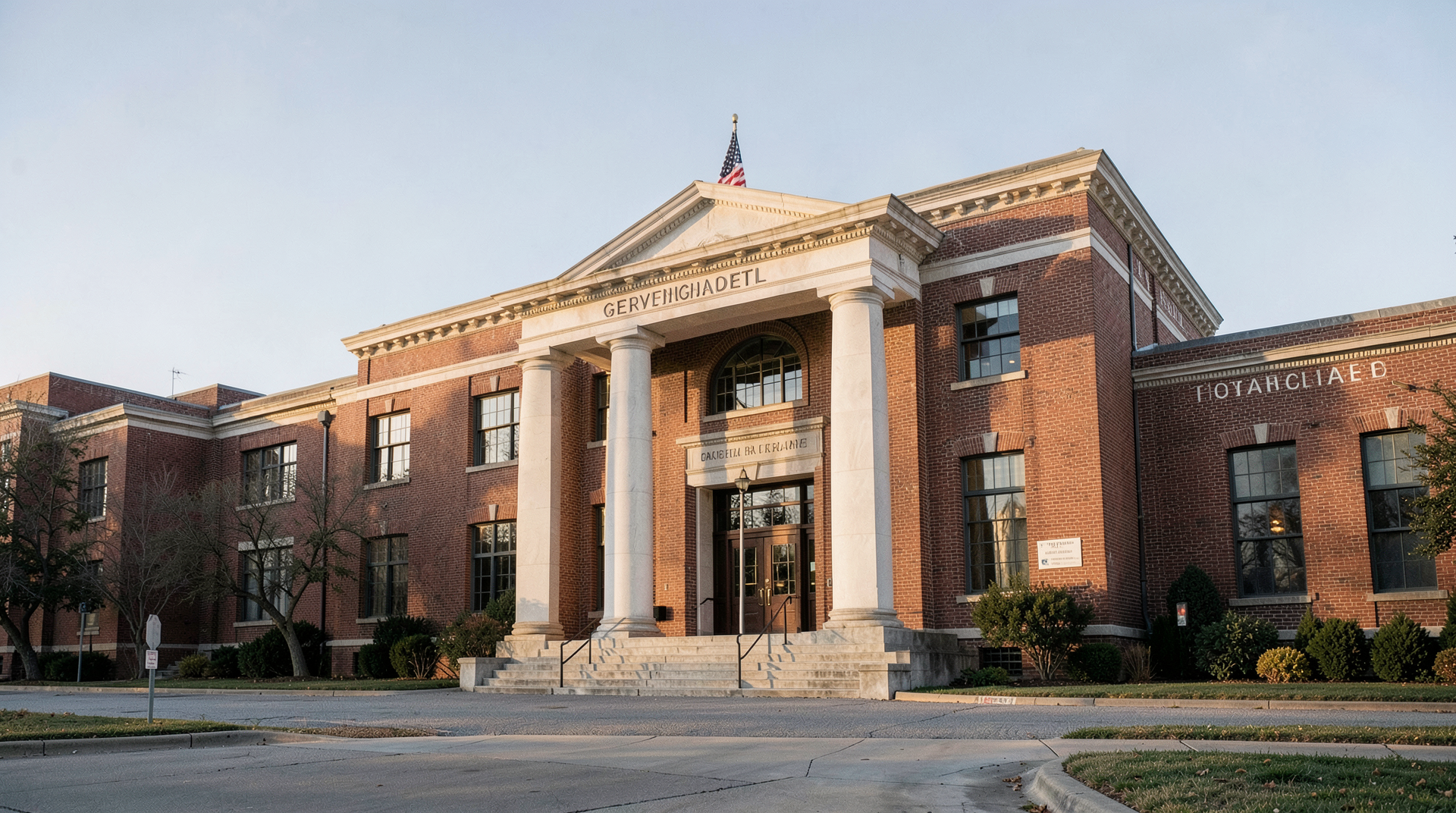 Federal courthouse exterior in Eastern District of North Carolina with afternoon light on a brick facade and the U.S. flag at half-staff.