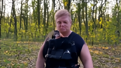 A person on a wooded trail wearing a black weighted vest with cinched straps and a small water bottle clipped to the chest