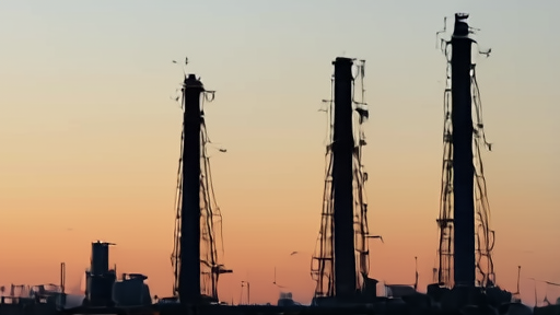 Stylized split-frame of Exxon and Chevron logos on opposing refinery towers under an industrial sky.