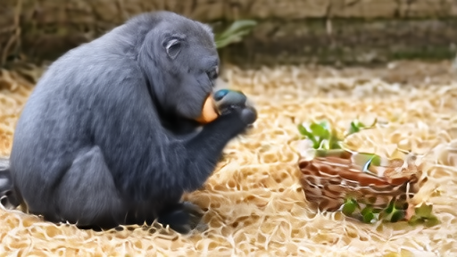 An elderly western lowland gorilla seated on straw bedding holding a piece of melon, surrounded by a low-set fruit basket and ferns