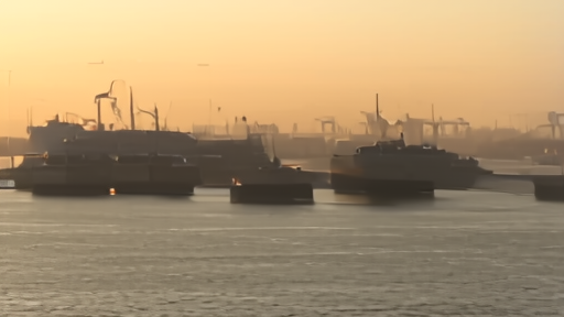 Tanker silhouettes anchored off Singapore at dawn, the city's container cranes faintly visible behind the haze.