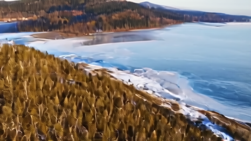 An aerial view of two gray wolves crossing a snow-covered ridge above a frozen forested island shoreline