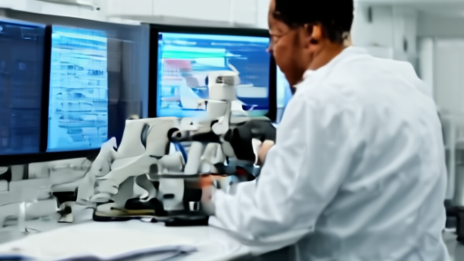 A research scientist in a white coat at a microscope in a genomics laboratory, lit by overhead fluorescent fixtures.