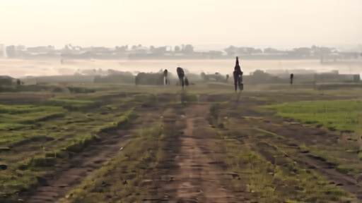 An empty training camp track at Iten in early morning mist with a row of distance runners visible in silhouette.