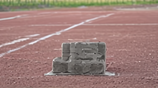 An empty rubberized track in early morning light with a single starting block in a 100-meter lane.