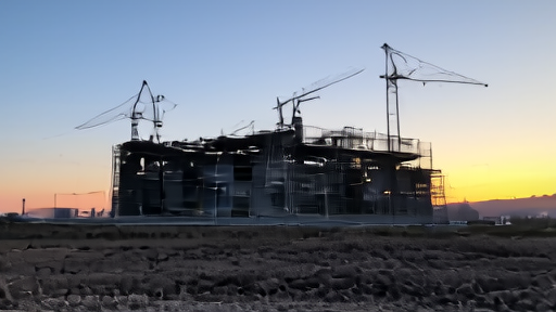 A hyperscale data center under construction at dusk with cranes silhouetted against the sky.