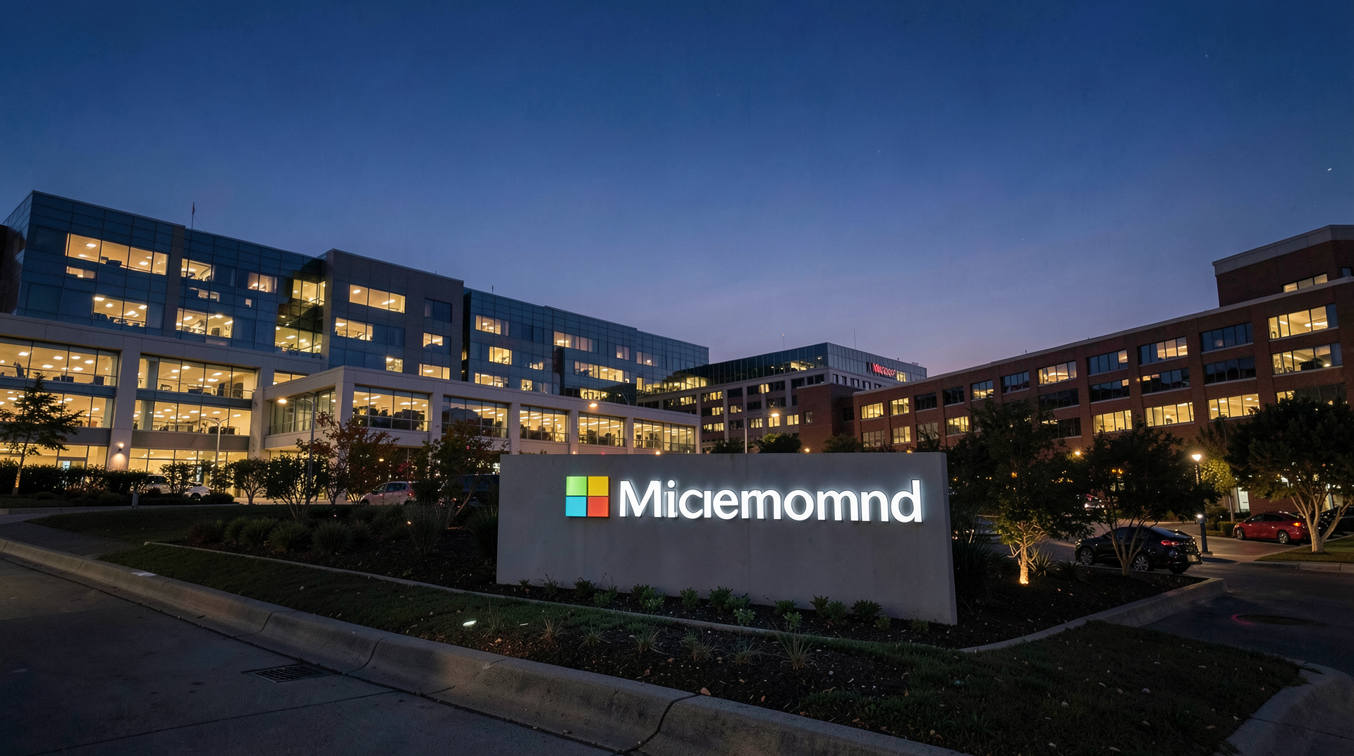Microsoft's Redmond campus signage at dusk with the campus's distinctive low buildings under a darkening sky.