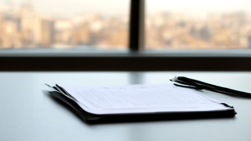 An empty desk in a regulatory office with a closed black document binder centered on it.