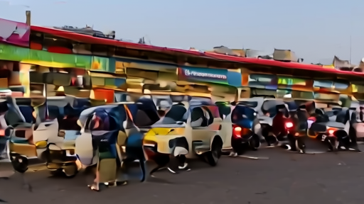 A row of motorcycle rickshaws and small cars at a fuel station in Lahore at dusk, vendors and drivers waiting in line.