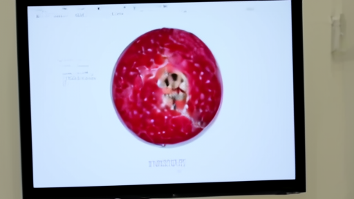 A research microscope view of a pancreatic-cancer cell on a digital screen in a clinical trial center hallway