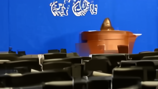 An empty Pentagon press briefing room with the lectern unattended under standard conference lighting.