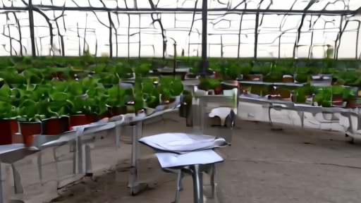 An empty research greenhouse with rows of evening primrose specimens at the Missouri Botanical Garden in late afternoon light.