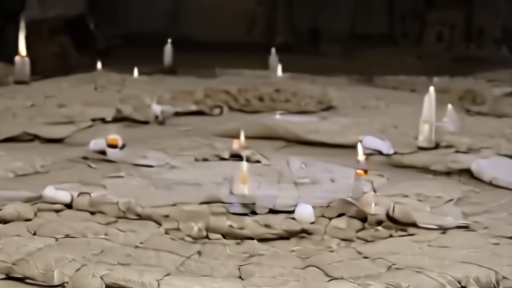 A circle of cushions and woven mats in a dimly lit ceremonial room with low candles and plant tinctures arranged on a wooden altar