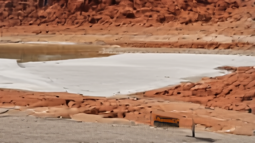 An empty boat ramp at Lake Powell with the bathtub ring of mineralization clearly visible above the current water line.