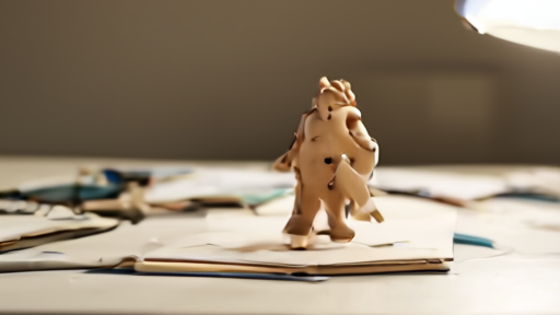 An empty toy-design studio table with sculpting tools, a clay maquette of a muscular barbarian figure, and a yellowed sketchbook open beside it.