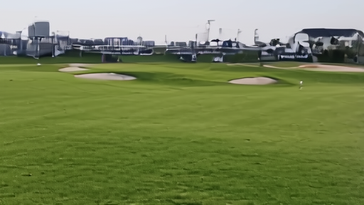 An empty fairway at a LIV Golf event venue at dawn, sand traps and grandstands visible, no spectators.