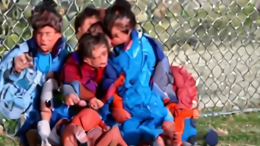 Three teenagers seated against a chain-link fence after school, one wearing a wolf-tail clip and another holding a phone playing TikTok