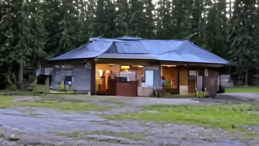 A small Forest Service research building in a Pacific Northwest forest at dusk, with empty parking spaces and an unlit signboard at the entrance.
