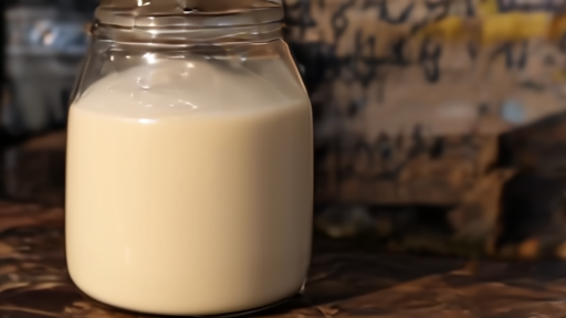 Mason jar of unpasteurized milk on a roadside farm-stand counter with a hand-lettered sign visible in the background.