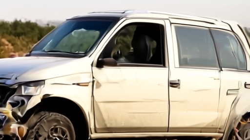 A damaged ambulance on a dusty roadside in southern Lebanon under afternoon light, no faces visible.