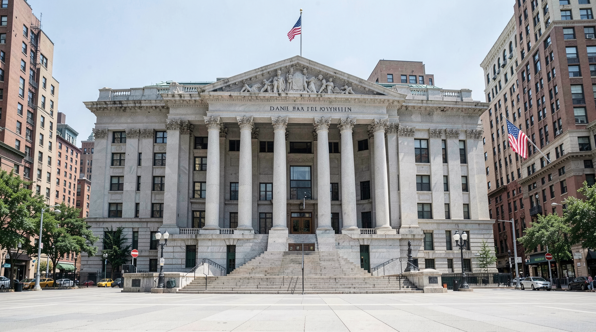 The Daniel Patrick Moynihan United States Courthouse in lower Manhattan at midday, the granite facade and U.S. flag visible against a clear sky.