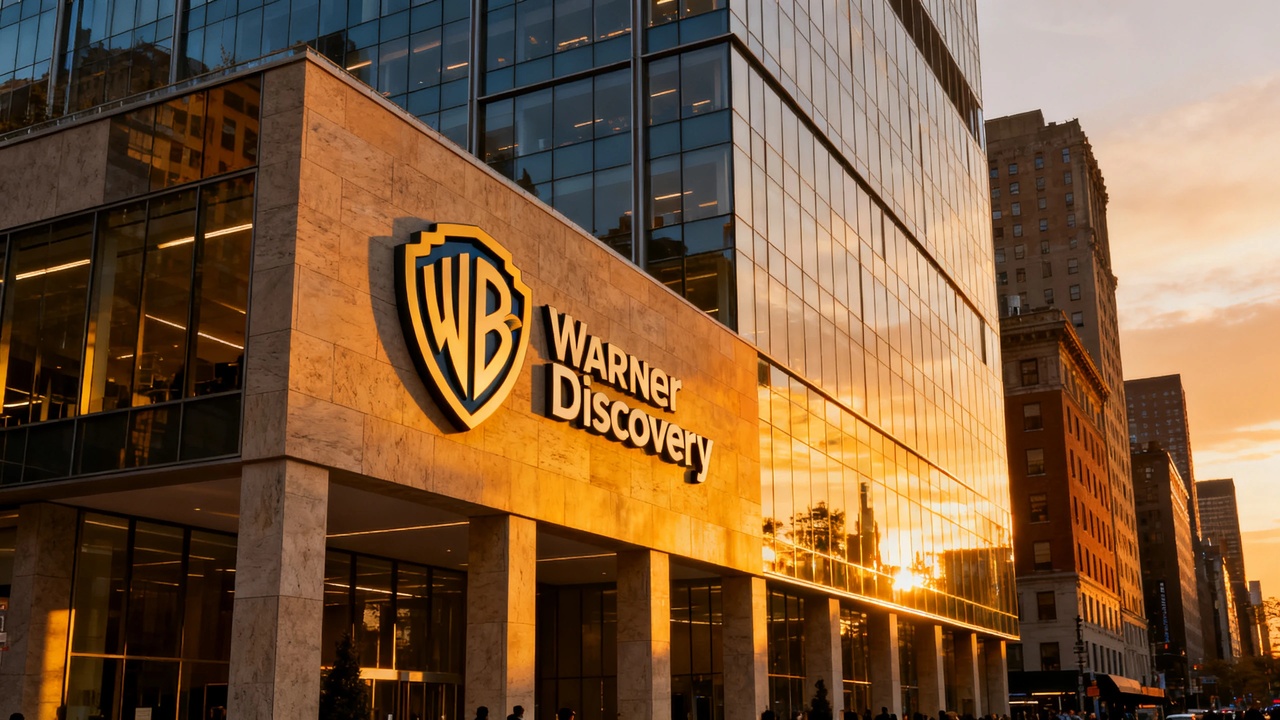 Warner Bros. Discovery's New York office building exterior at golden hour with the corporate logo visible on the facade.