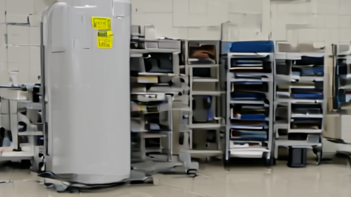 A university physics laboratory with a dewar of liquid helium tagged with a low-supply warning and a partially disassembled cryostat behind it.