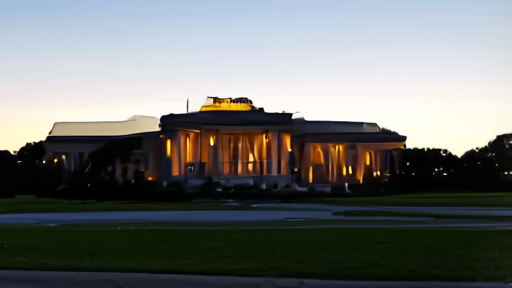 Pentagon exterior at dusk with the White House visible in the distance
