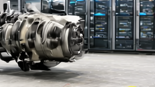 Large reciprocating engine on a factory floor with data-center cabinets in the background
