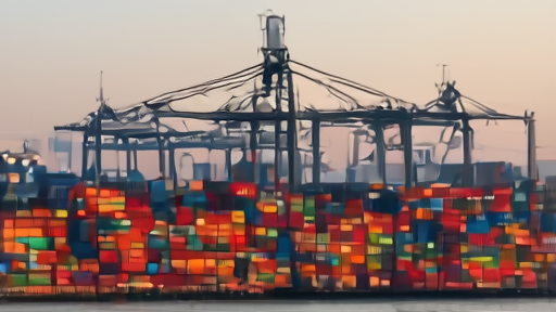 Container ship gantries at a Chinese export port at dawn with rows of stacked containers