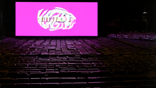 An empty Wiener Stadthalle stage with the Eurovision logo and rows of darkened broadcaster booths along the upper deck.