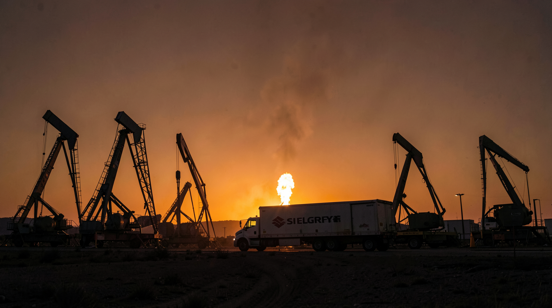 Exxon's Permian Basin gas flare backlit at dusk against a row of pumpjacks.
