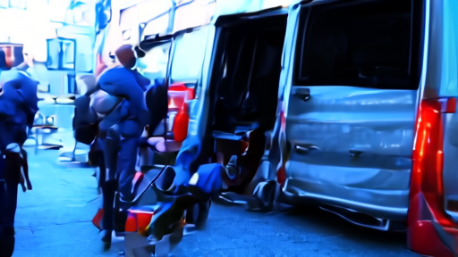 A small UK touring band loading equipment into a transit van outside an arena's load-in dock at evening.