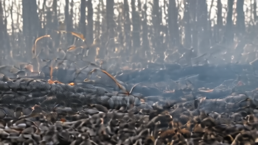 Charred pine snags and tangled deadfall from a 2024 hurricane lying across a smoldering Georgia forest floor