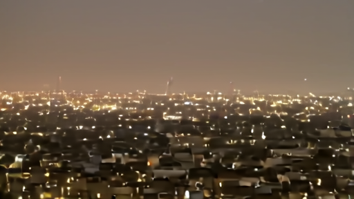 Tehran skyline at night with tracer fire from anti-aircraft guns visible above the southern districts.