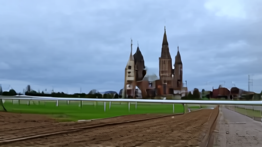 The Churchill Downs starting gate at dawn under overcast sky, a track maintenance crew sealing the rail with a tractor