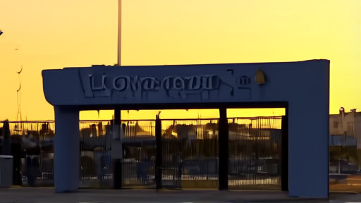 Lionsgate Studios entrance in Santa Monica at golden hour, the corporate signage backlit, with a security gate visible and an empty studio backlot beyond.